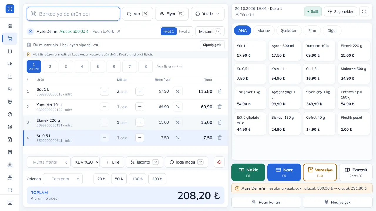 KozSoft satış ekranı: fişte dört ürün, müşteri seçili; Nakit, Kart ve Veresiye düğmeleri